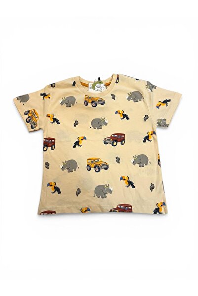 SERRASTIL Boy's Cream Color Car D Patterned Pa Cotton Sü Single Jersey Umaş Summer Pajama Set