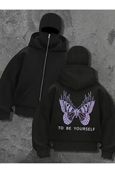 Flaubert Siyah Unisex Oversize Tam Fermuarlı Maskeli Gotik Kapüşonlu Hoodie S...