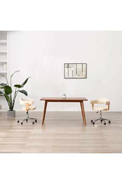 Concept Scaun de birou pivotant, crem, lemn curbat și piele ecologică