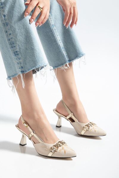 İnfon Ayakkabı Marketi Gold Yellow Open Back Women's Heeled Shoes Slingback H...