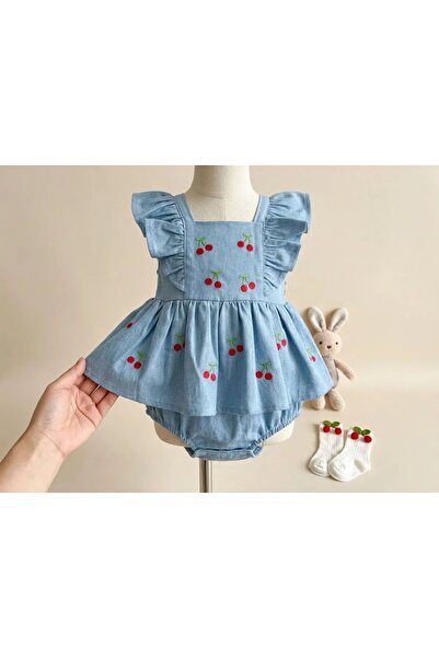 Luna Kids Store Kız Bebek Kiraz Nakışlı Fırfırlı Kot Romper