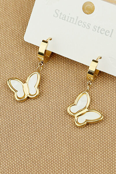 Keyifli Hayaller Steel Earrings - Steel Gold Dangle Butterfly Model Enameled ...