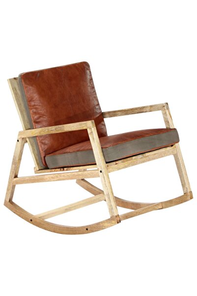 Concept Κουνιστή πολυθρόνα, καφέ, Γνήσιο Δέρμα και μασίφ ξύλο μάνγκο