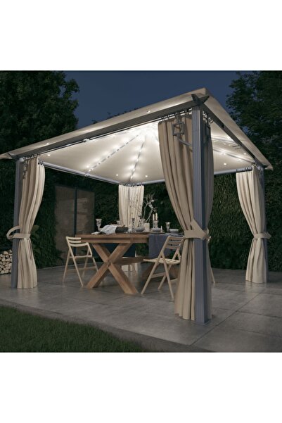 Concept Pavilion cu perdele & șiruri lumini LED, crem, 3x3 m, aluminiu