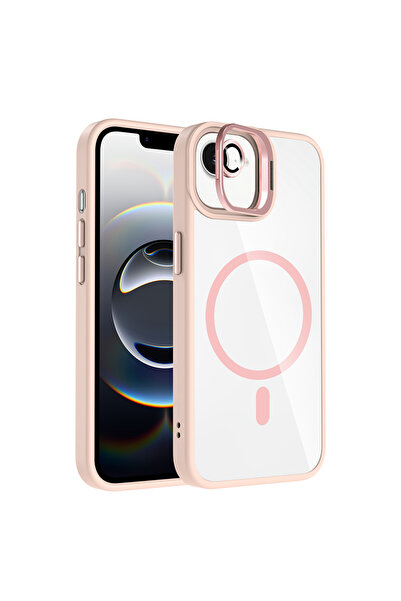 iPhone 17E Kılıf Standlı ve Kamera Lens Hediyeli M-Safe Şarj Özellikli PSR Etro Kapak - Pembe