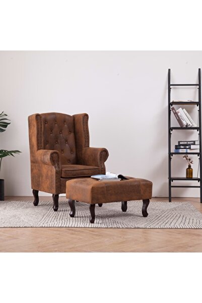 Concept Fotoliu Chesterfield și taburet, maro, imitație piele întoarsă