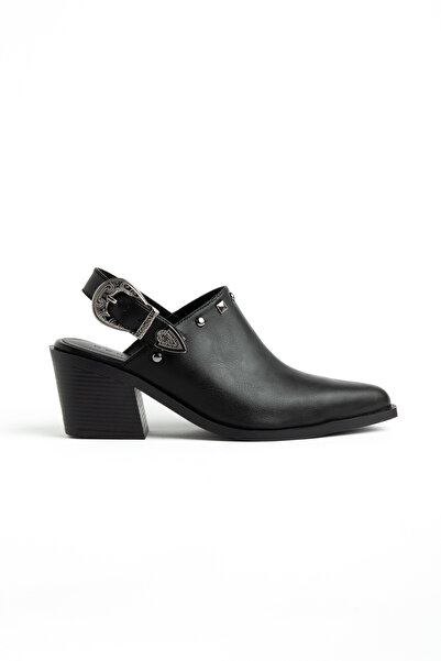 DENORA Black Matte Leather Buckled Pin Detail Closed Front Open Back Western ...