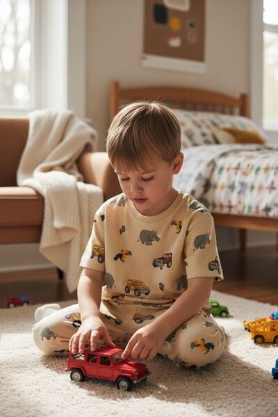 SERRASTIL Boy's Cream Color Car D Patterned Pa Cotton Sü Single Jersey Umaş Summer Pajama Set