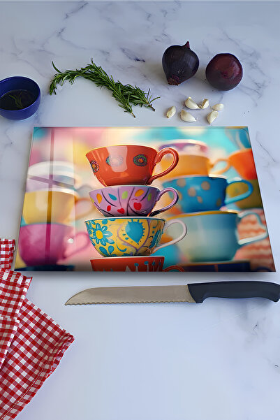 kutuTR Colorful Cups and Tea Delight Uv Printing on Tempered Glass Cutting Bo...