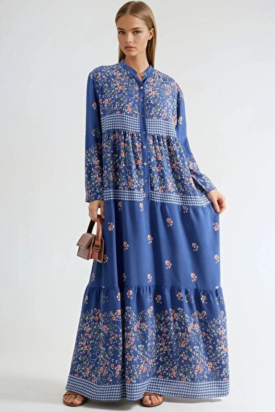 Hiccup Patterned V-Neck Buttoned Long Dress