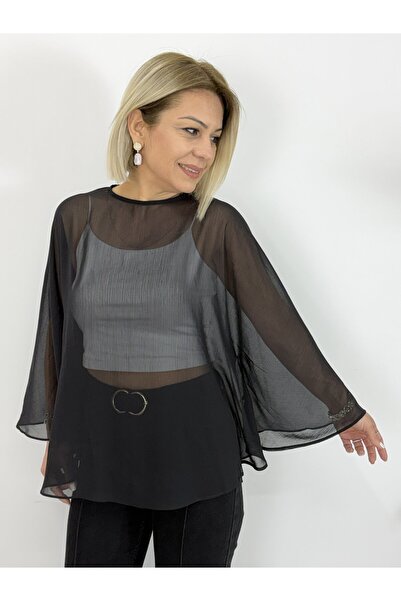SİSTA MODA 8156 Batwing Sleeve, Crew Neck, Chiffon Blouse