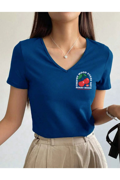 SUNFREE Cherry B Printed V-Neck P Cotton U Short Sleeve Women's Tshirt