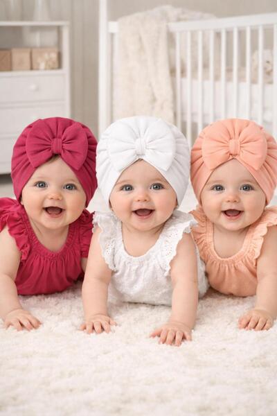 BYS BABY FASHION 3'Lü Yenidoğan Kız Bebek / Kız Çocuk Fiyonklu Çift Kat Bone ...