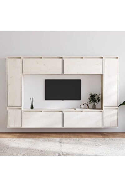 Concept Comode TV, 8 buc., alb, lemn masiv de pin