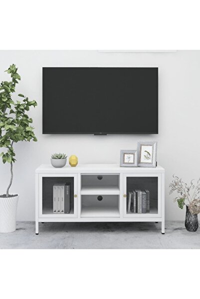 Concept Έπιπλο τηλεόρασης, λευκό, 105x35x52 cm, ατσάλι και γυαλί