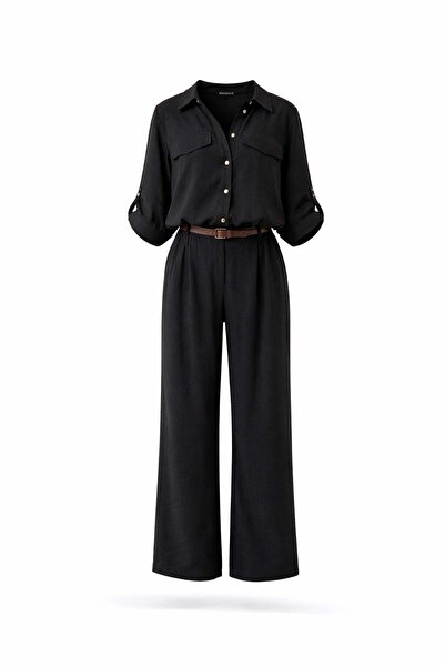 5in1Canpolat Black Elastic Waist Shirt and Trousers Set 00218