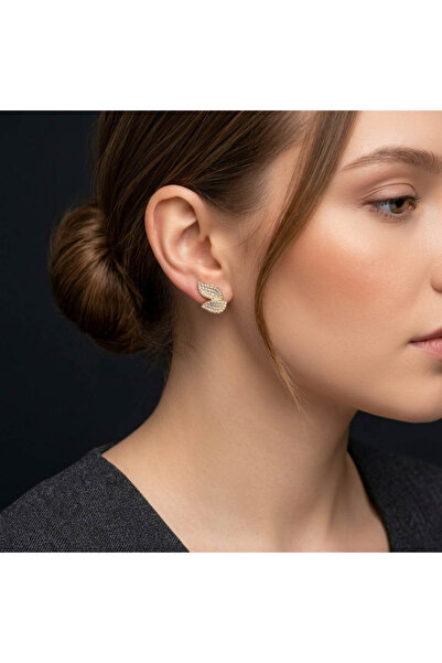 Generic Gold Tone Double Leaf Stud Earrings – Full Sparkling Stone Pavé | Ele...