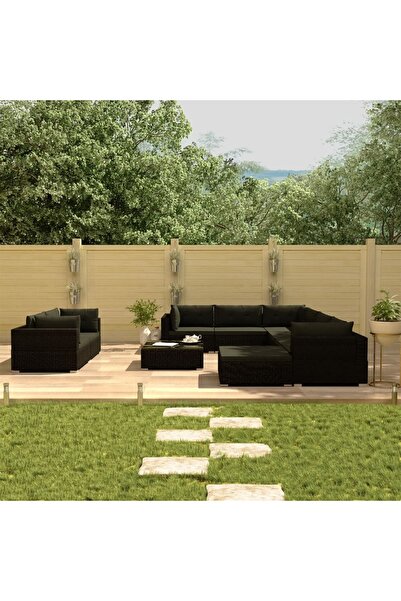 Concept Set mobilier de grădină cu perne, 10 piese, negru, poliratan