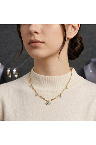 Generic Gold Tone Evil Eye Necklace – Paperclip Chain with Blue Enamel & Spar...