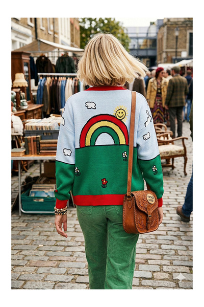 Namaste Vintage Rainbow-Themed Green Color V-Neck Knitwear Cardigan