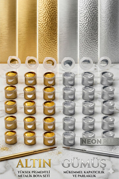 NEON PLUS Altın Gümüş Renk Metalik Akrilik Boya 3 ml ( 5 paket)