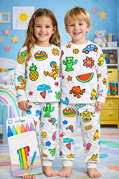 Esrabutik Boyama Kalemi HEDİYELİ Boyanabilir Uzun Kollu Çocuk Pijama Takımı