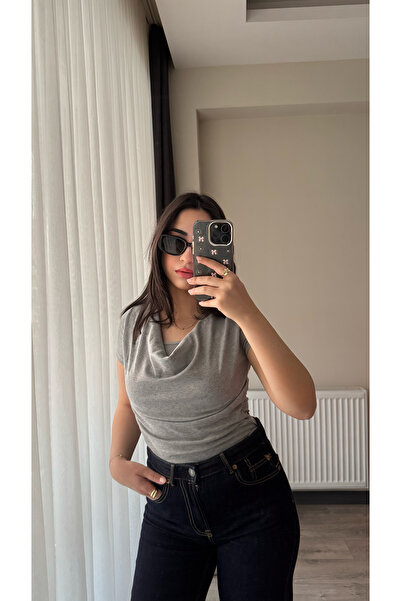 Siner Fashion Women's Gray Degaje Collar Soft Blouse with Cotton Sleeves