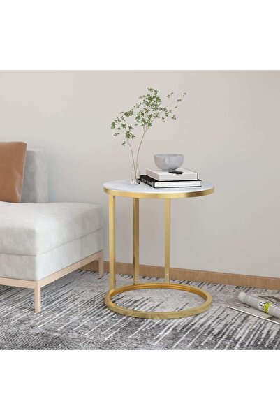 Concept Βοηθητικό τραπέζι, 45 cm, χρυσό και λευκό μάρμαρο, σκληρυμένο γυαλί