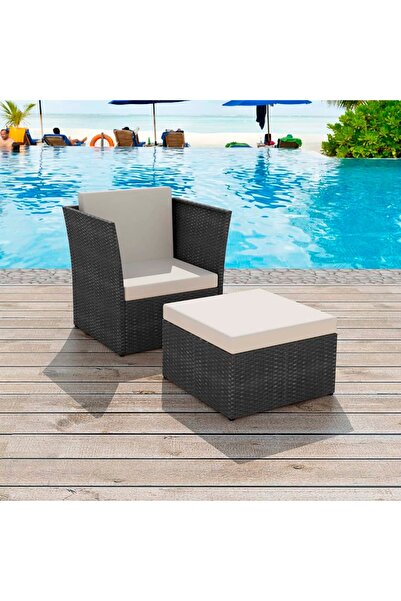 Concept Scaun de grădină cu taburet, negru, poliratan