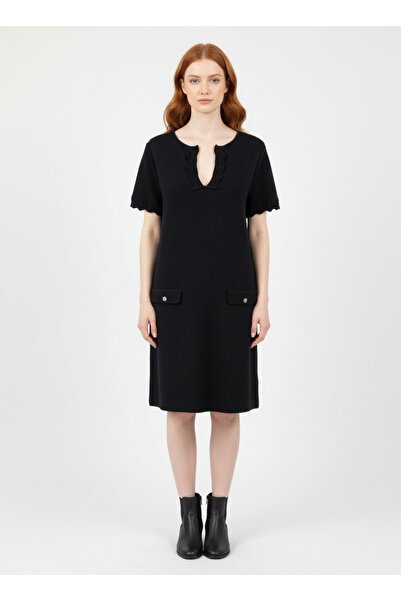 Neden Tekstil Women's Black Voile Fabric Ruffled Collar Dress