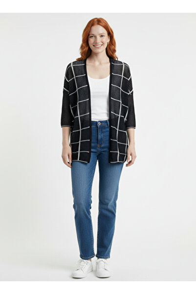 Neden Tekstil Women's Comfortable Cut Black and White Checked Knitwear Cardigan