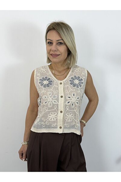 SİSTA MODA 0896 Blue Flower Guipure Lace , Knitted Mesh Back Vest