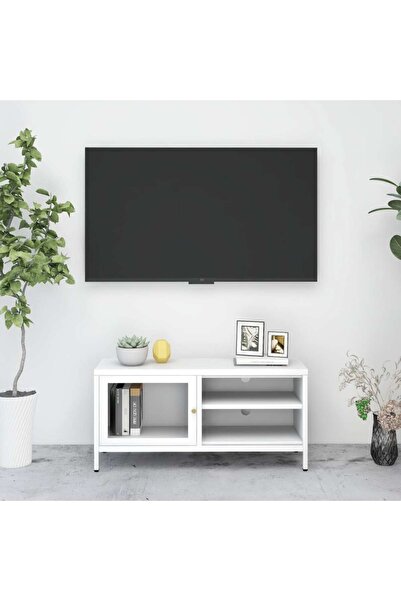 Concept Dulap TV, alb, 90x30x44 cm, oțel și sticlă