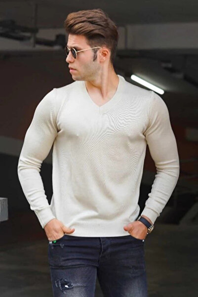 FREEDOM STOREE Men's v-neck sweater long sleeve plain knitwear - cream