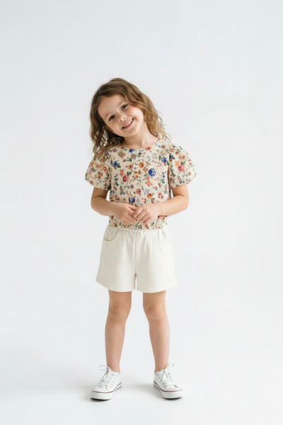 Dolcetots Summer Floral Blouse and Ecru Shorts Girls' Two-Piece Set