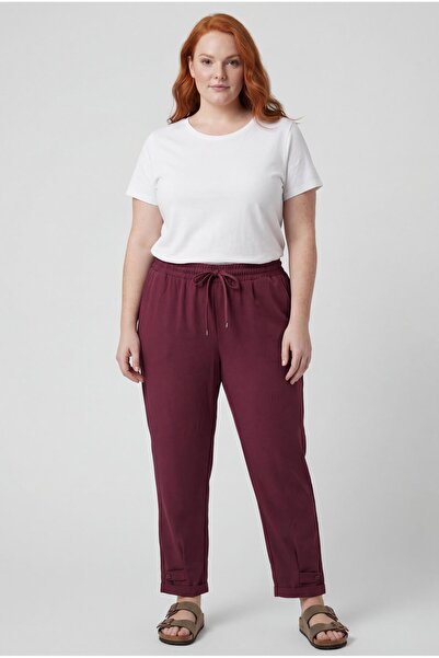 Ebsumu Women's Plus Size Button Detail Sho Fabric Knitted Burgundy Trousers