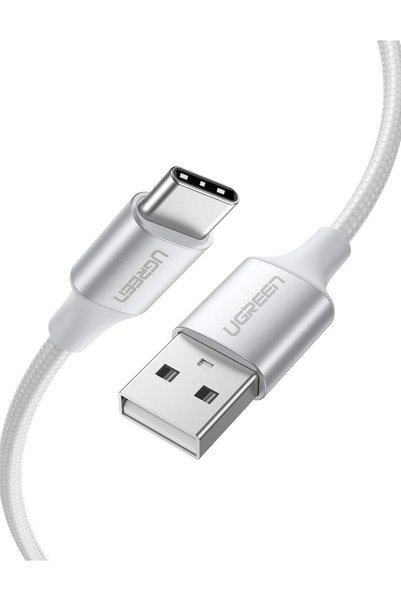 Ugreen Örgülü USB Type-C Şarj ve Data Kablosu, Beyaz, 2 Metre