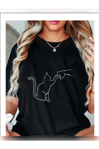 TİMİSİVA Unisex Oversized Printed Crew Neck Short Sleeve Black T-Shirt