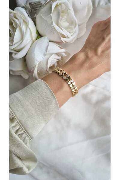 İNİTİUM Premium Paslanmaz Çelik Çift Sıra Kalp Model Zirkon Taşlı 14K Gold Bi...