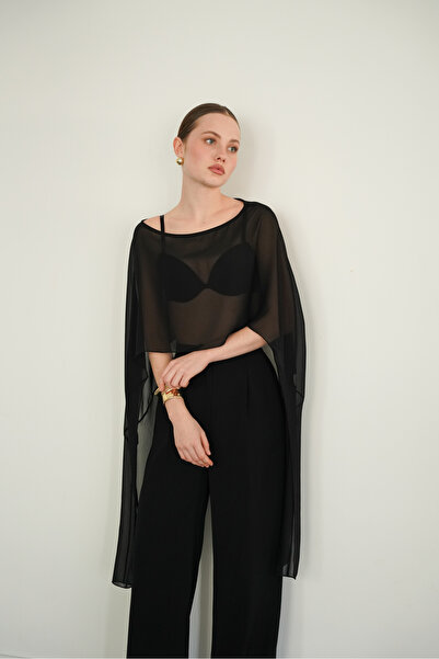 ASEDE Black Asymmetrical Cut Unlined Chiffon Cape Party Blouse