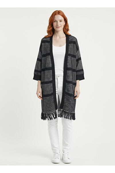 Neden Tekstil Women's Black Striped Fringed Detailed Knitwear Cardigan