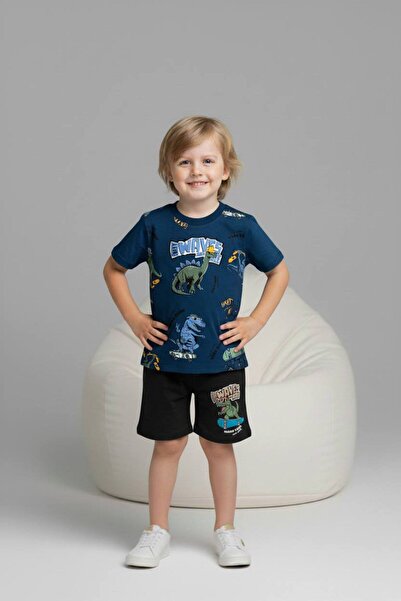 Yağmur Giyim Pjkskt Vaves Dinozor Patterned Boys' Short Sleeve Set with Short...