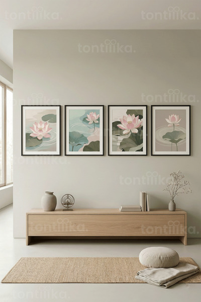 Tontilika Lotus Sanatı ve Zen Dokunuşlar 4’lü Ahşap Çerçeveli Tablo Seti
