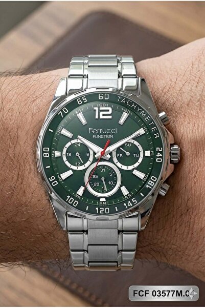 Ferrucci Modern Men's Wristwatch |   44mm Steel Case, Silver Steel Band, Gree...