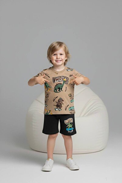 Yağmur Giyim Pjkskt Vaves Dinozor Patterned Boys' Short Sleeve Set with Short...