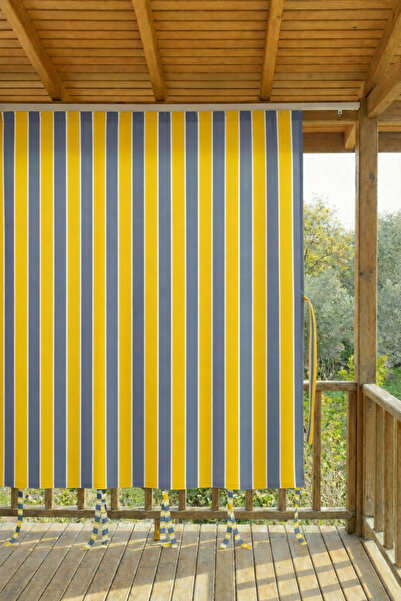 SHY TEKSTİL SARI-GRİ Kornişli Su Geçirmez Rüzgâr Dayanımlı Pilesiz Balkon Per...