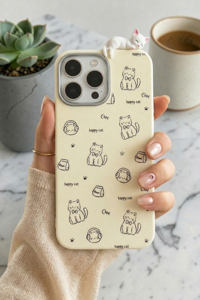 KVK PRİVACY iPhone 15 Pro Max 3D Uyuyan Kedi Figürlü Happy Cat Desenli Siliko...