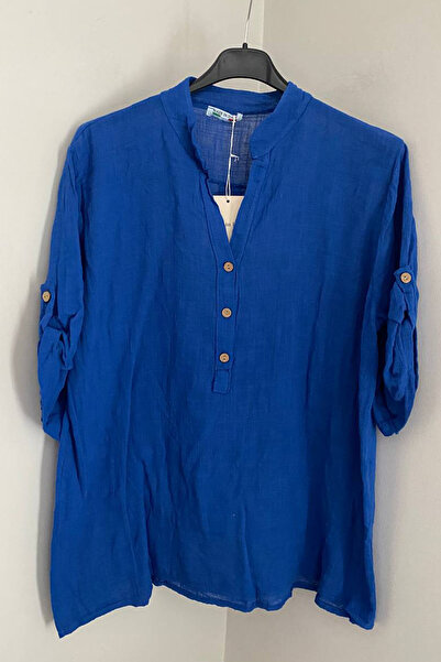 AYASOFYA OTANTIK Women's Italian Cobalt Blue Button Detailed Placketed Collar...