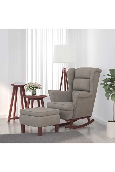 Concept Κουνιστή πολυθρόνα με ξύλινα πόδια / ανοιχτό γκρι Βελούδο σκαμπό