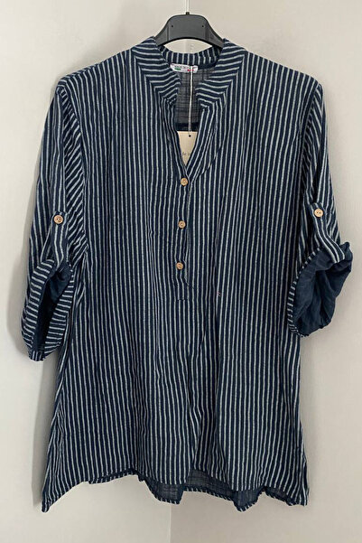 AYASOFYA OTANTIK Women's Italian Navy Blue Three-Button Collar with Placket S...